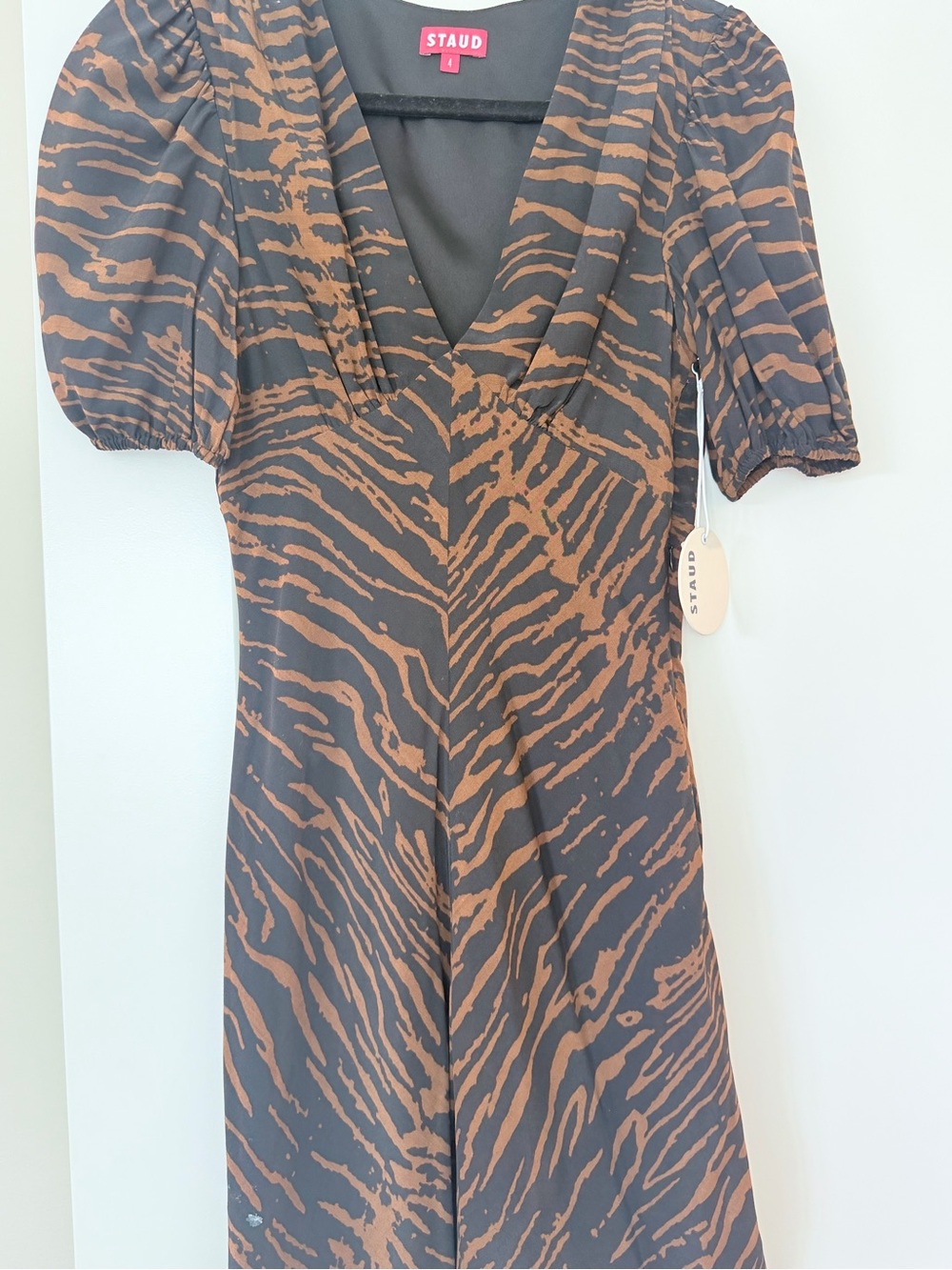 STAUD Black and Brown Zebra-Print V-Neck Mini Dress